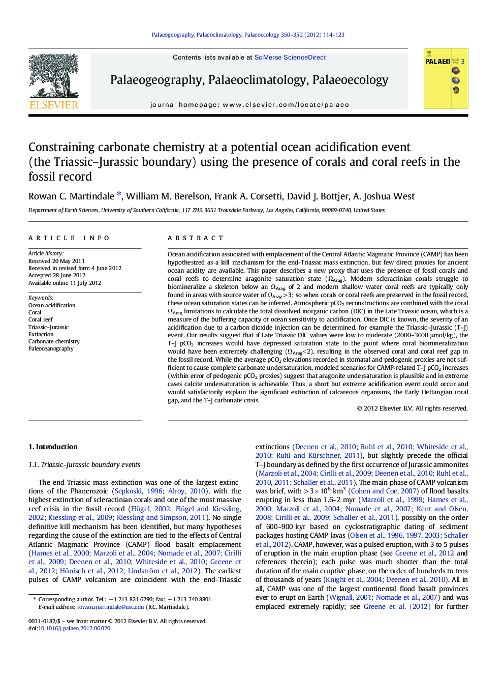 Constraining carbonate chemistry at a potential ocean acidification event (the Triassic–Jurassic boundary) using the presence of corals and coral reefs in the fossil record