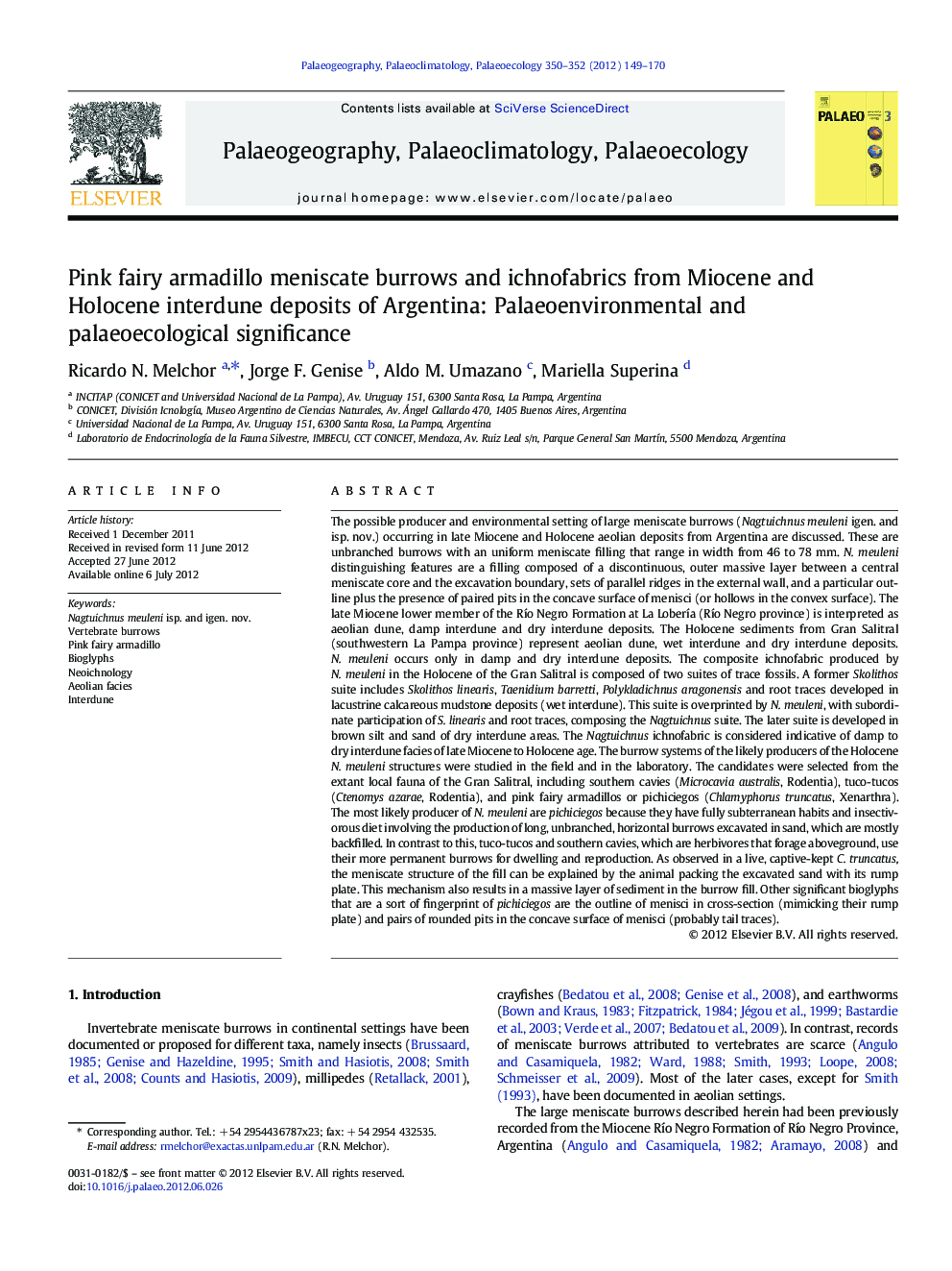 Pink fairy armadillo meniscate burrows and ichnofabrics from Miocene and Holocene interdune deposits of Argentina: Palaeoenvironmental and palaeoecological significance