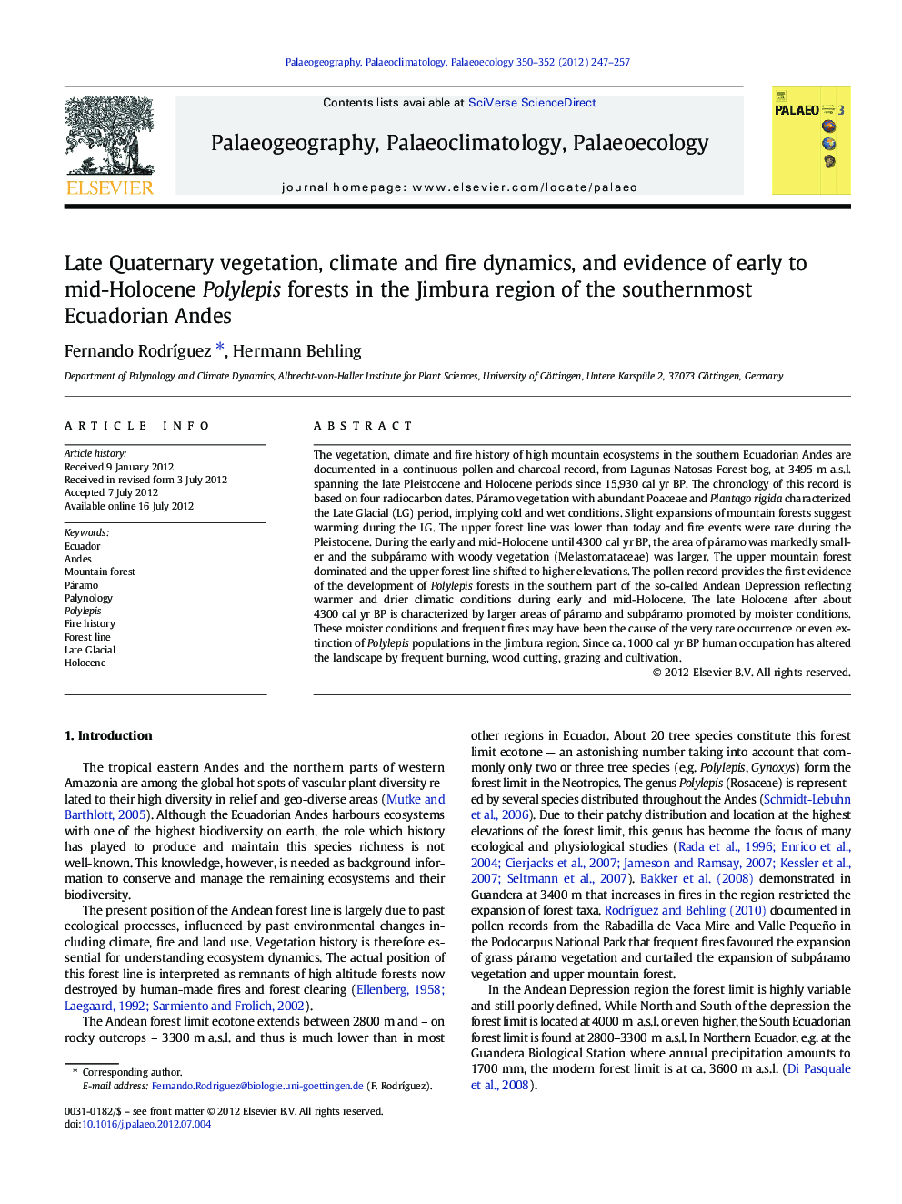 Late Quaternary vegetation, climate and fire dynamics, and evidence of early to mid-Holocene Polylepis forests in the Jimbura region of the southernmost Ecuadorian Andes