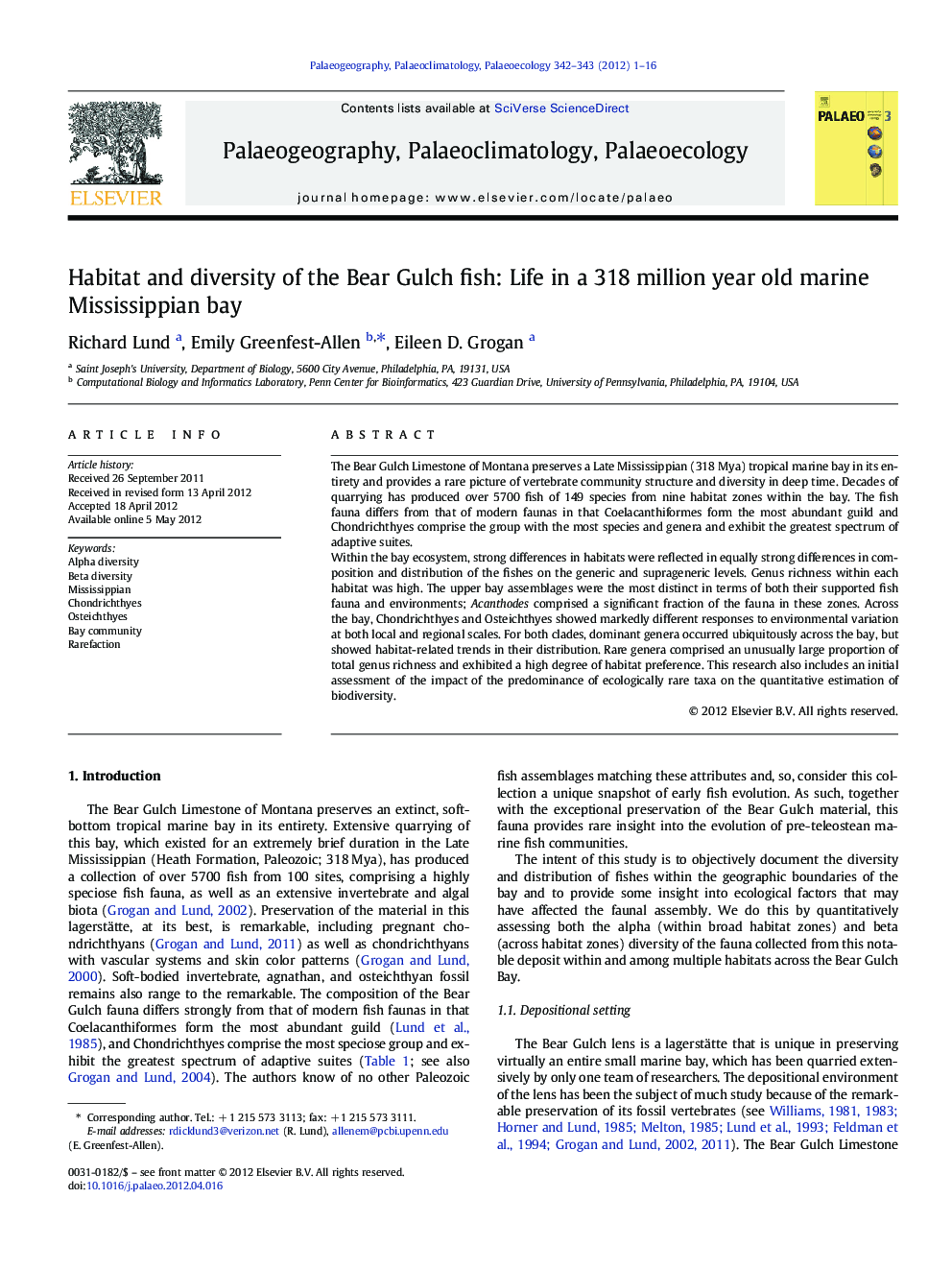 Habitat and diversity of the Bear Gulch fish: Life in a 318 million year old marine Mississippian bay