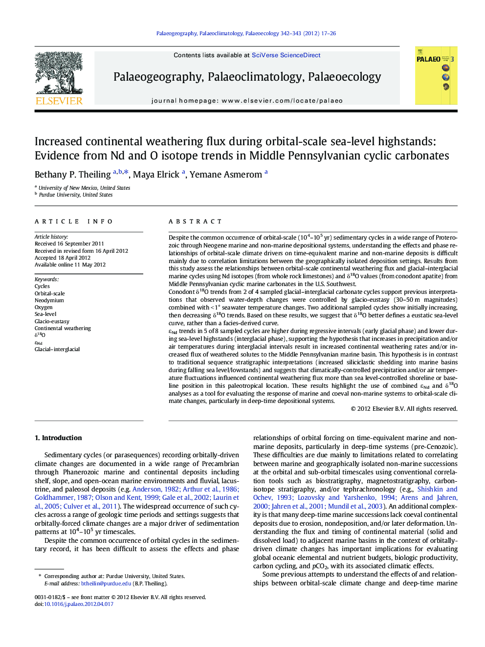 Increased continental weathering flux during orbital-scale sea-level highstands: Evidence from Nd and O isotope trends in Middle Pennsylvanian cyclic carbonates