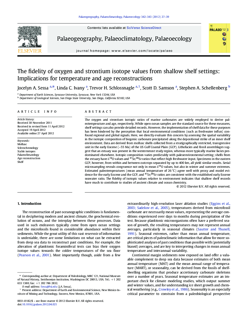 عکس صفحه اول مقاله: The fidelity of oxygen and strontium isotope values from shallow shelf settings: Implications for temperature and age reconstructions The fidelity of oxygen and strontium isotope values from shallow shelf settings: Implications for temperature and age reconstructions