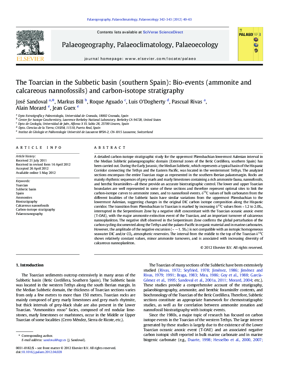 The Toarcian in the Subbetic basin (southern Spain): Bio-events (ammonite and calcareous nannofossils) and carbon-isotope stratigraphy