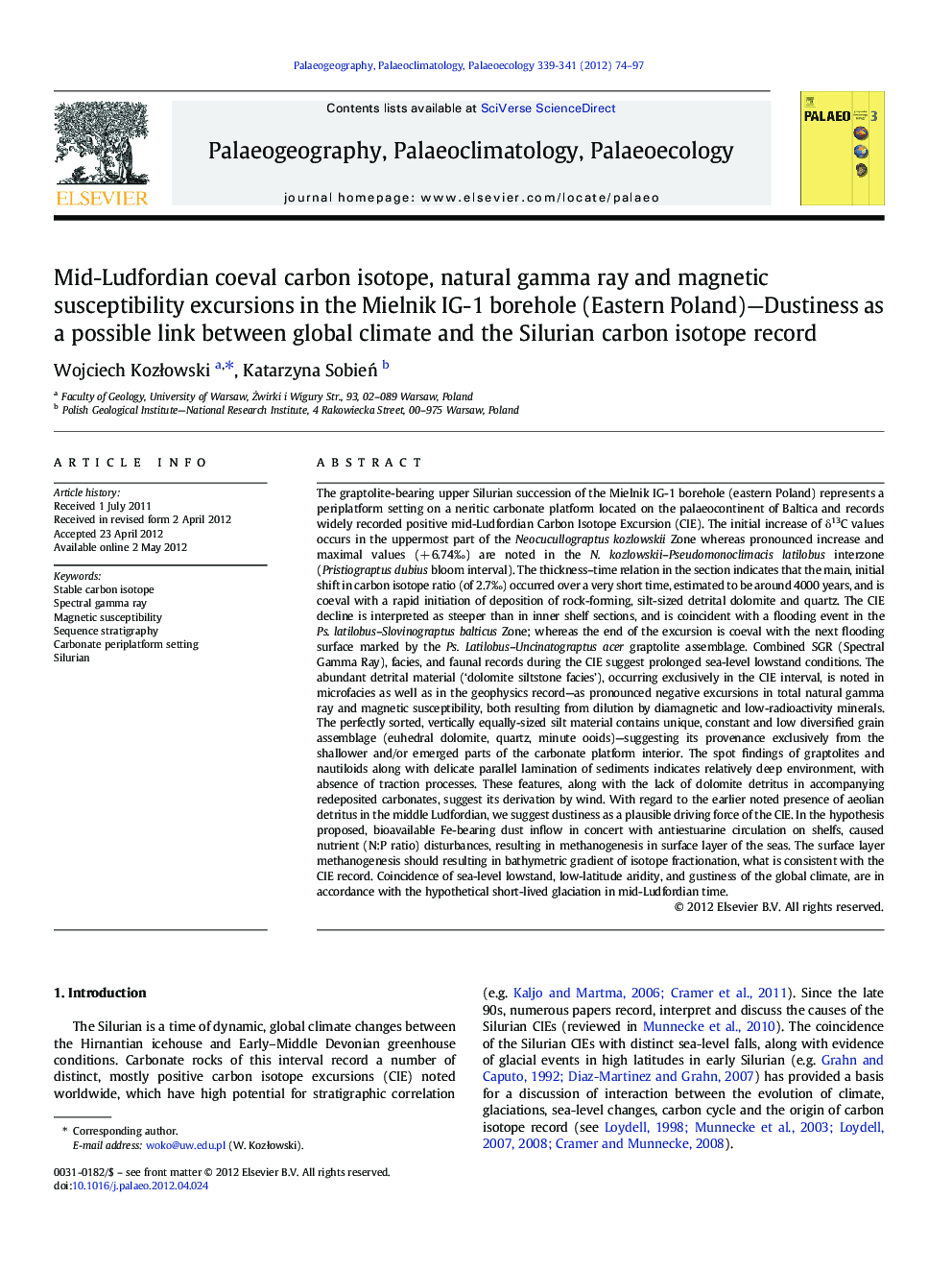 Mid-Ludfordian coeval carbon isotope, natural gamma ray and magnetic susceptibility excursions in the Mielnik IG-1 borehole (Eastern Poland)—Dustiness as a possible link between global climate and the Silurian carbon isotope record