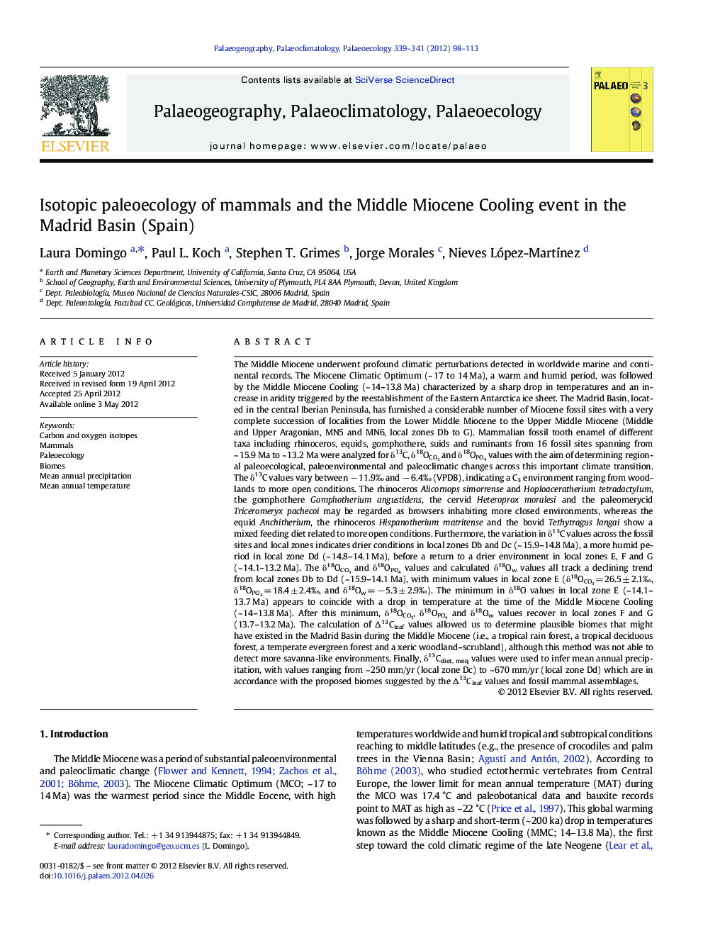 Isotopic paleoecology of mammals and the Middle Miocene Cooling event in the Madrid Basin (Spain)