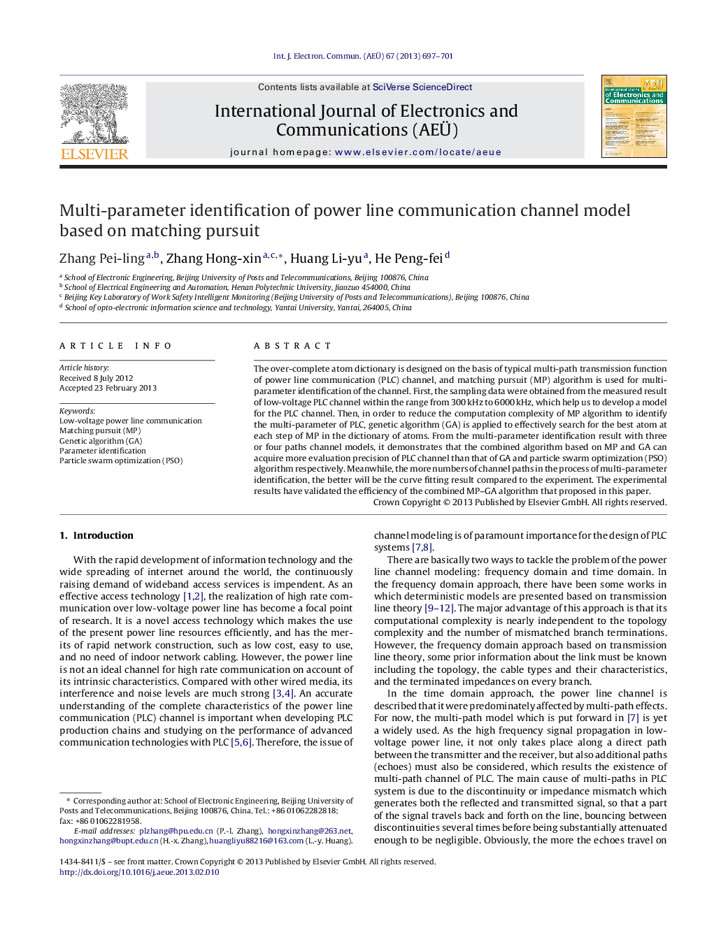 Multi-parameter identification of power line communication channel model based on matching pursuit