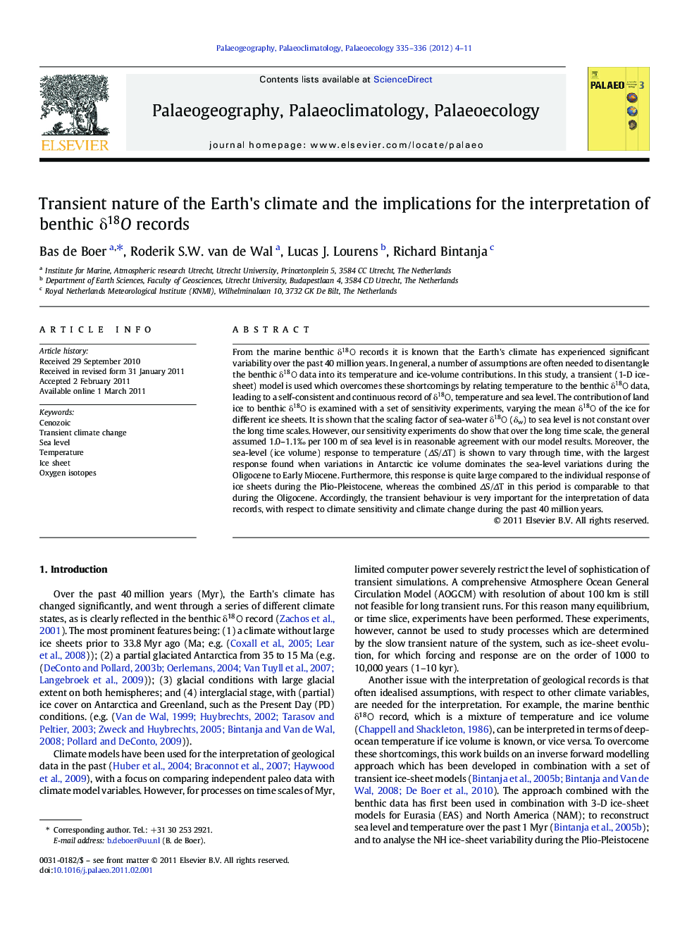 Transient nature of the Earth's climate and the implications for the interpretation of benthic δ18Oδ18O records