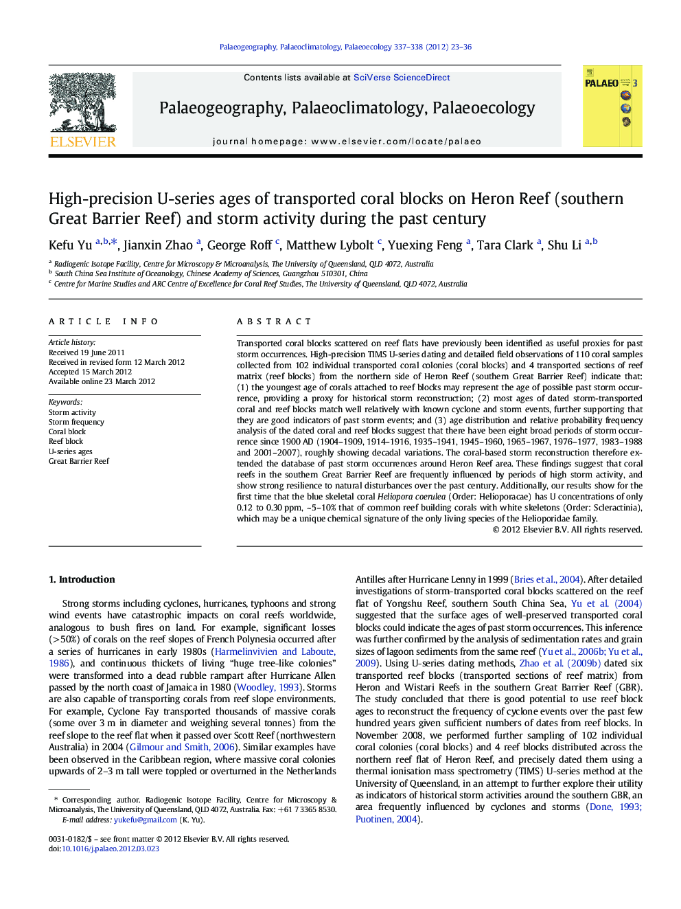 High-precision U-series ages of transported coral blocks on Heron Reef (southern Great Barrier Reef) and storm activity during the past century