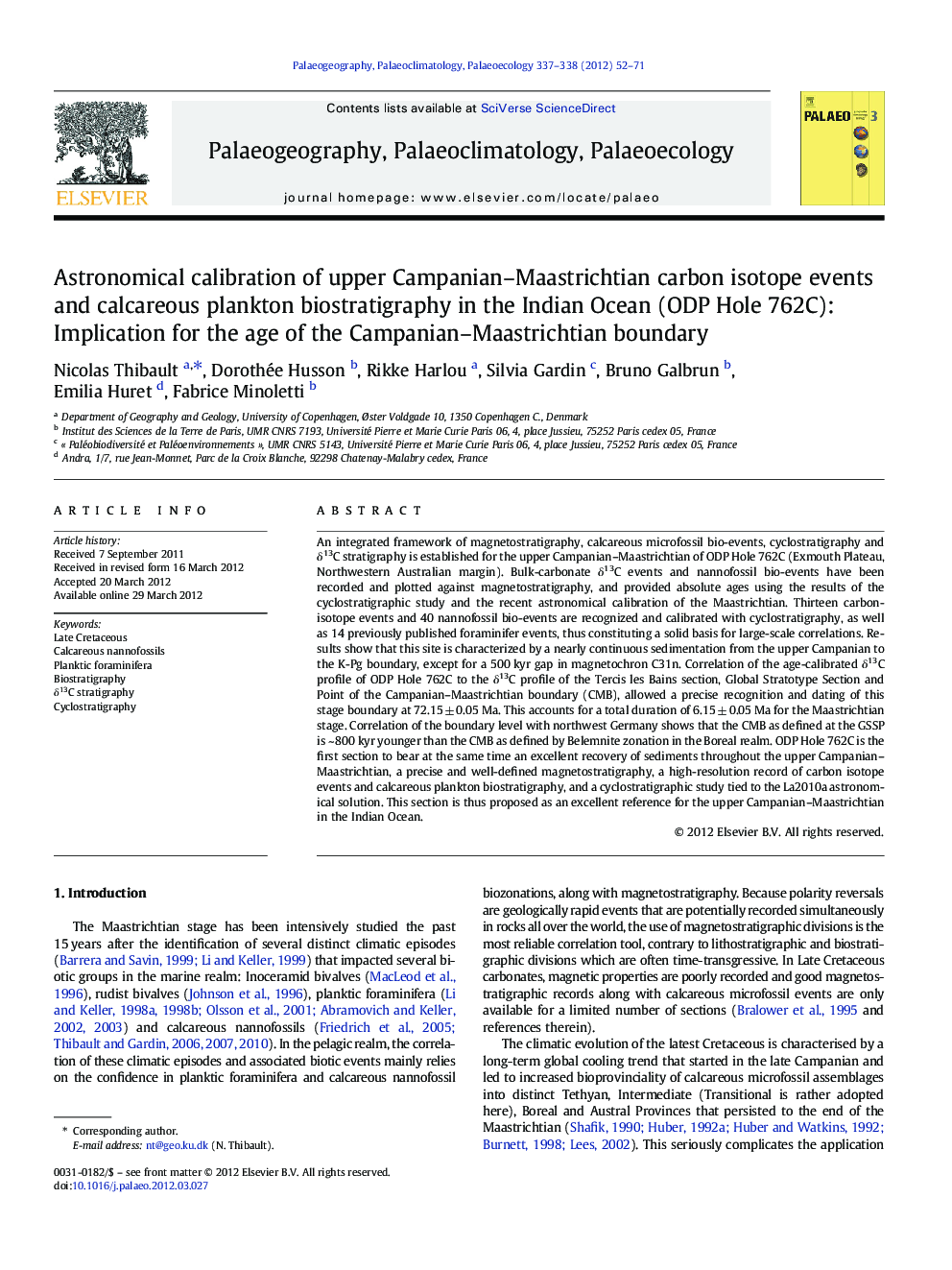 Astronomical calibration of upper Campanian–Maastrichtian carbon isotope events and calcareous plankton biostratigraphy in the Indian Ocean (ODP Hole 762C): Implication for the age of the Campanian–Maastrichtian boundary