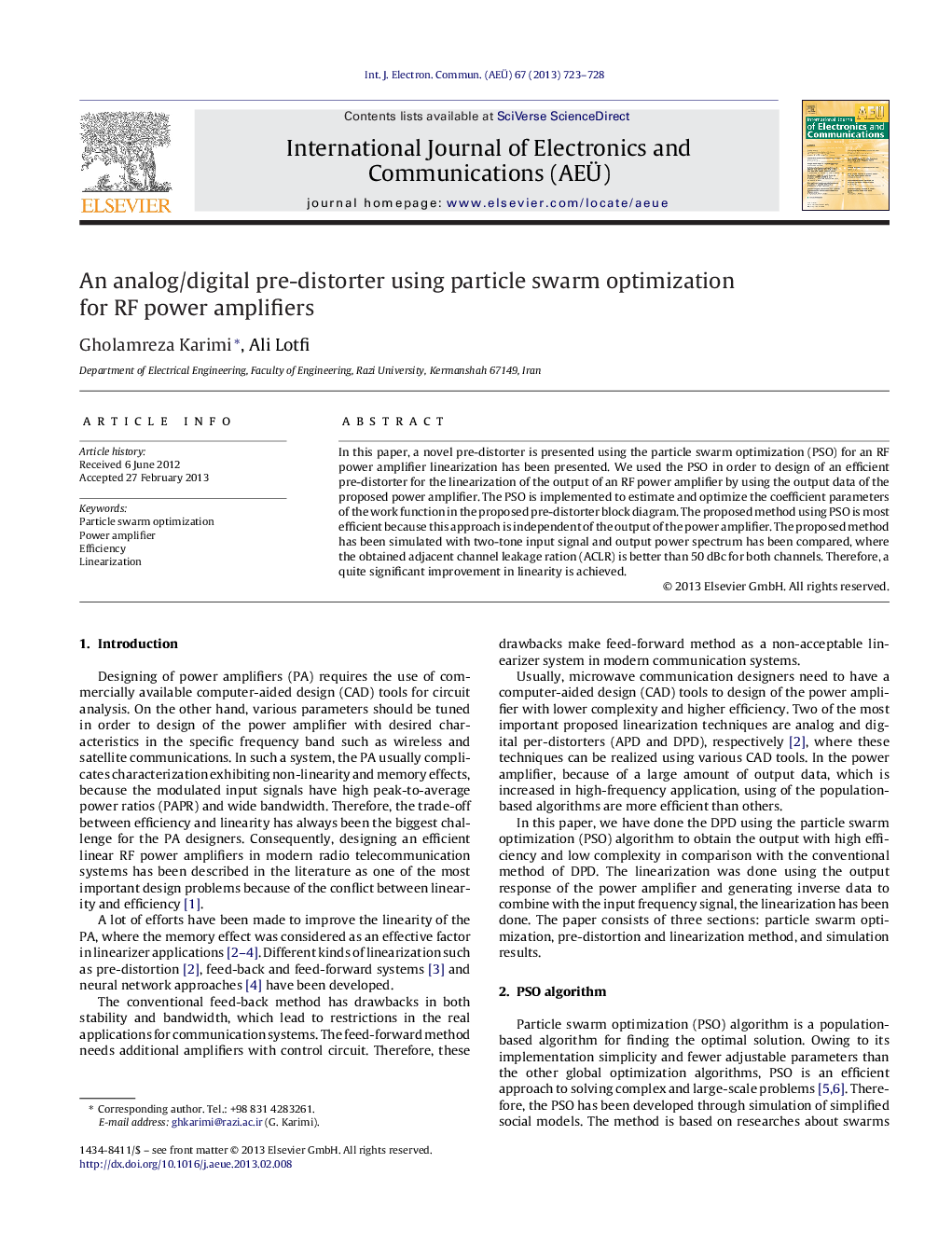 An analog/digital pre-distorter using particle swarm optimization for RF power amplifiers