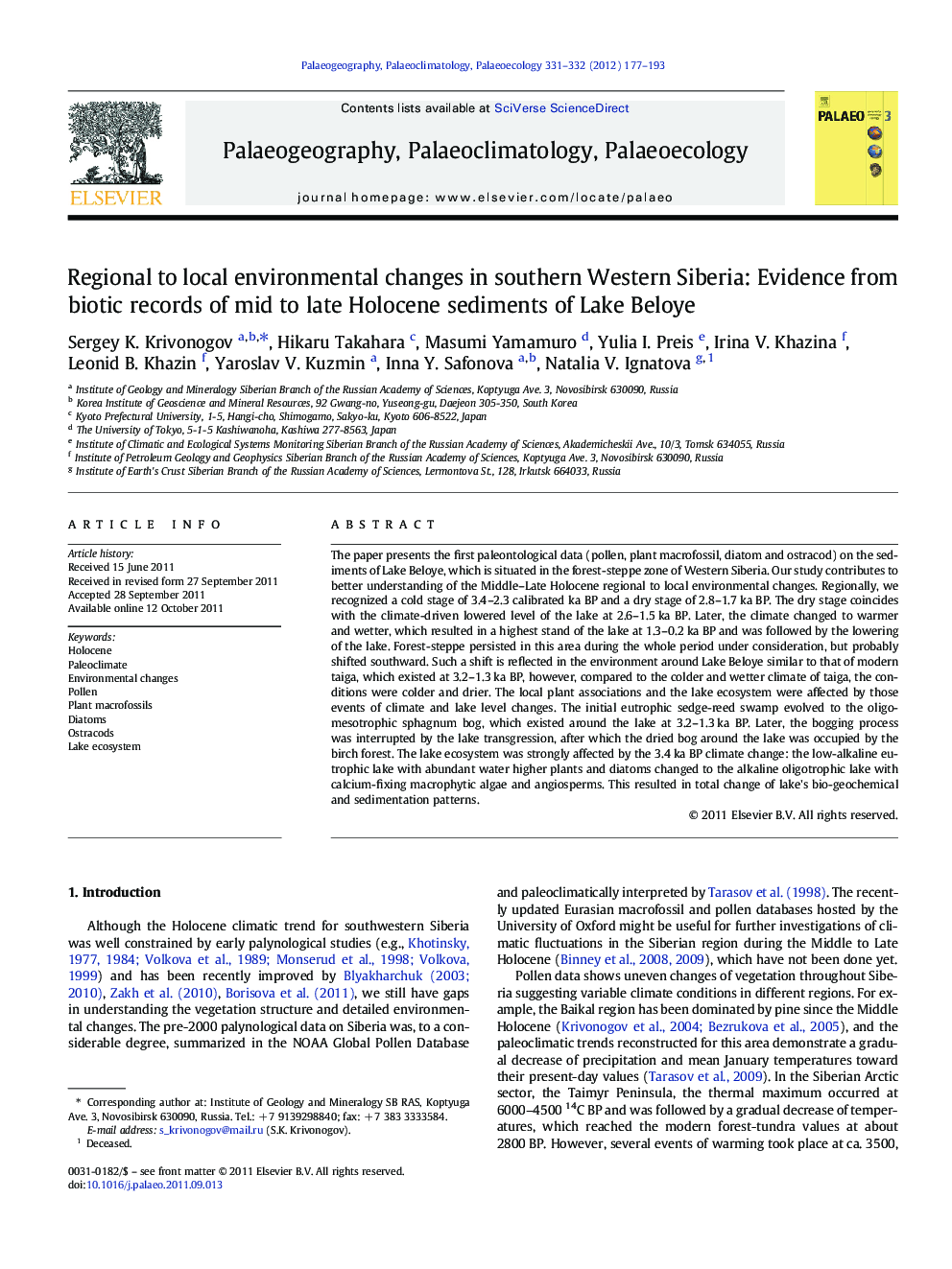 Regional to local environmental changes in southern Western Siberia: Evidence from biotic records of mid to late Holocene sediments of Lake Beloye