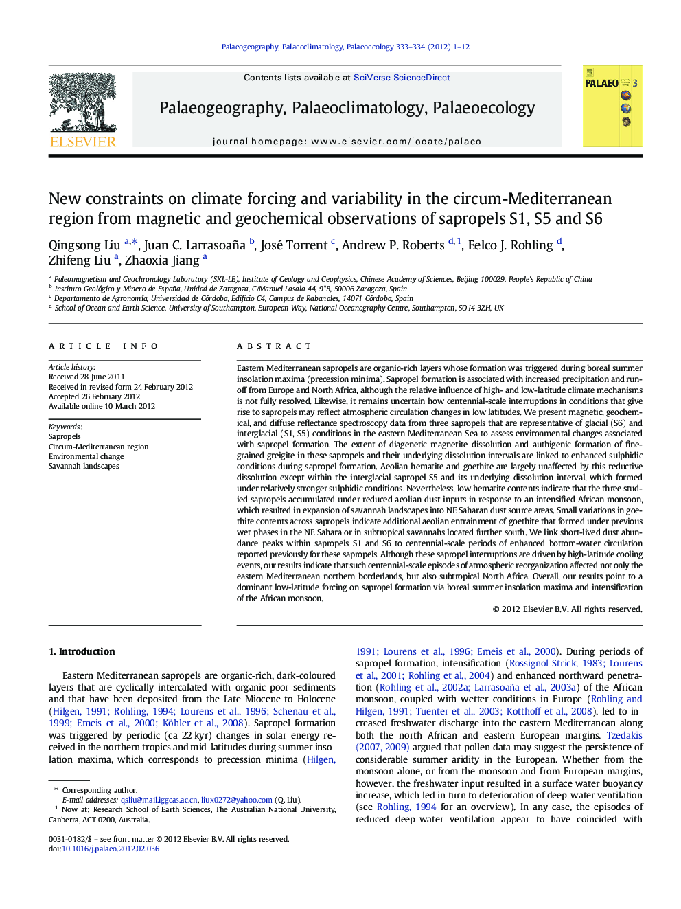 New constraints on climate forcing and variability in the circum-Mediterranean region from magnetic and geochemical observations of sapropels S1, S5 and S6