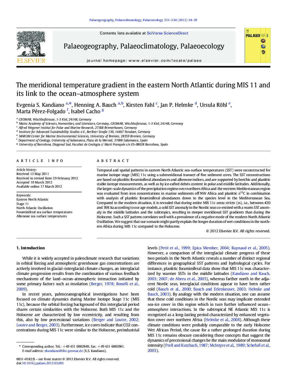 The meridional temperature gradient in the eastern North Atlantic during MIS 11 and its link to the ocean–atmosphere system