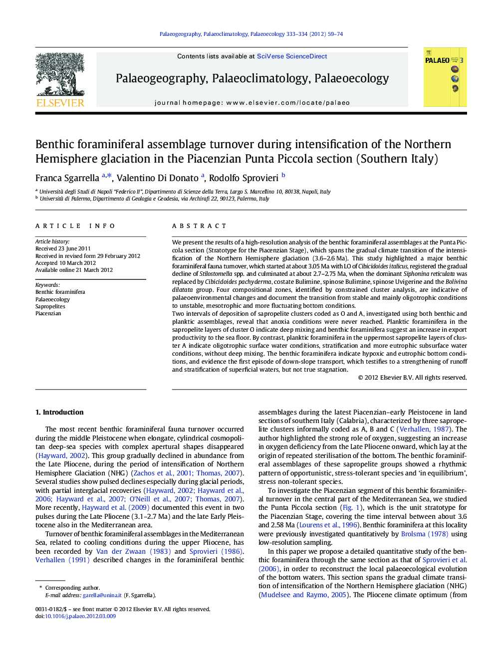 Benthic foraminiferal assemblage turnover during intensification of the Northern Hemisphere glaciation in the Piacenzian Punta Piccola section (Southern Italy)