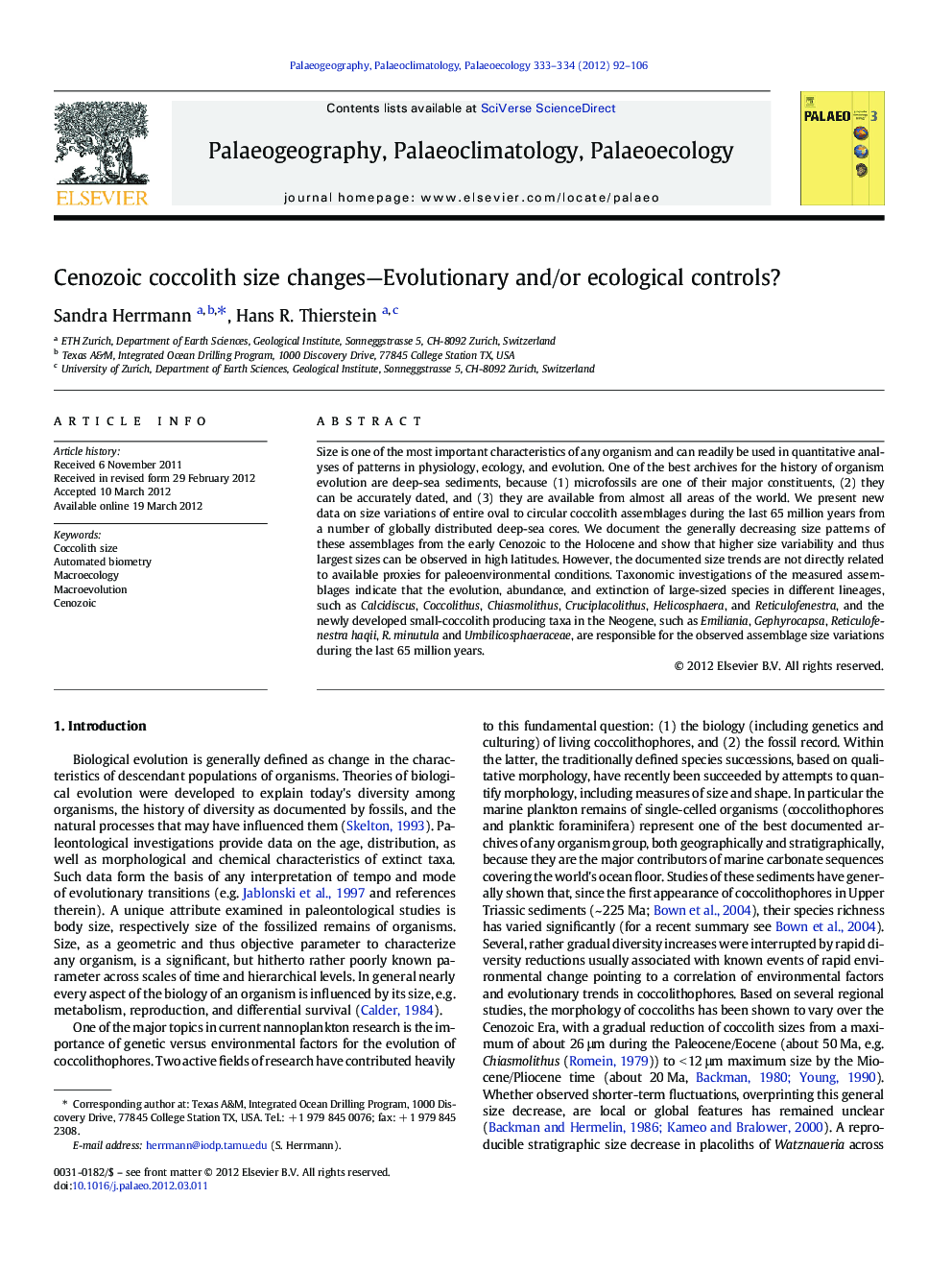 Cenozoic coccolith size changes—Evolutionary and/or ecological controls?