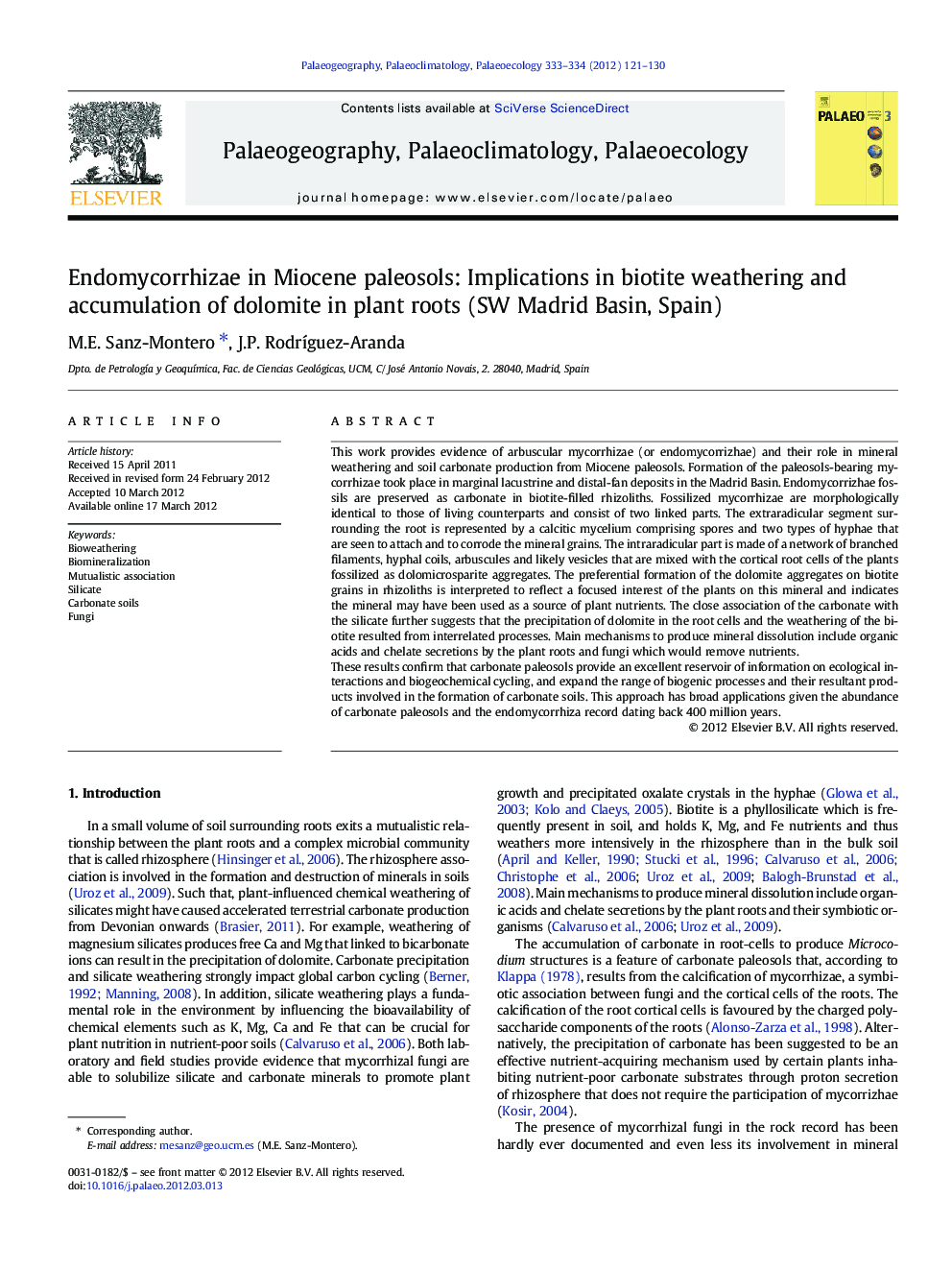 Endomycorrhizae in Miocene paleosols: Implications in biotite weathering and accumulation of dolomite in plant roots (SW Madrid Basin, Spain)