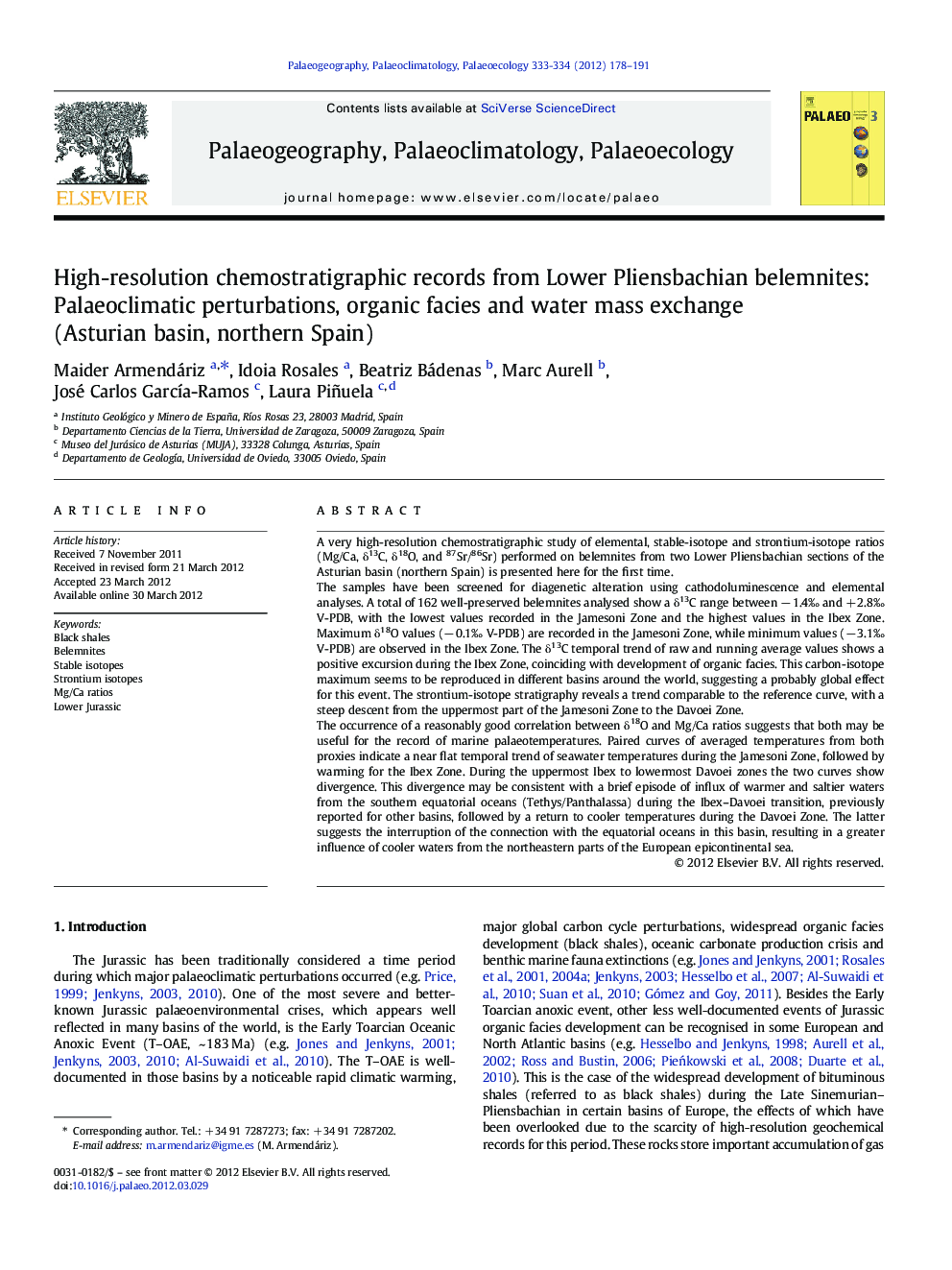عکس صفحه اول مقاله: High-resolution chemostratigraphic records from Lower Pliensbachian belemnites: Palaeoclimatic perturbations, organic facies and water mass exchange (Asturian basin, northern Spain) High-resolution chemostratigraphic records from Lower Pliensbachian belemnites: Palaeoclimatic perturbations, organic facies and water mass exchange (Asturian basin, northern Spain)