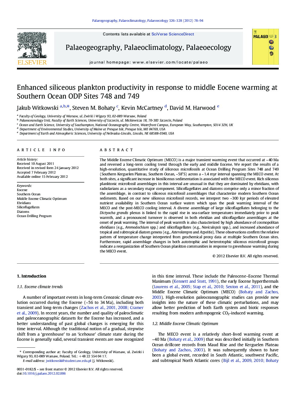 Enhanced siliceous plankton productivity in response to middle Eocene warming at Southern Ocean ODP Sites 748 and 749