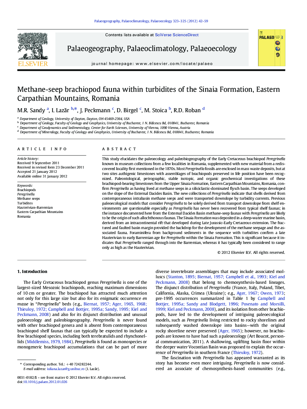 Methane-seep brachiopod fauna within turbidites of the Sinaia Formation, Eastern Carpathian Mountains, Romania