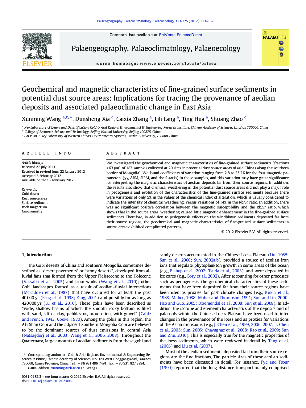 Geochemical and magnetic characteristics of fine-grained surface sediments in potential dust source areas: Implications for tracing the provenance of aeolian deposits and associated palaeoclimatic change in East Asia