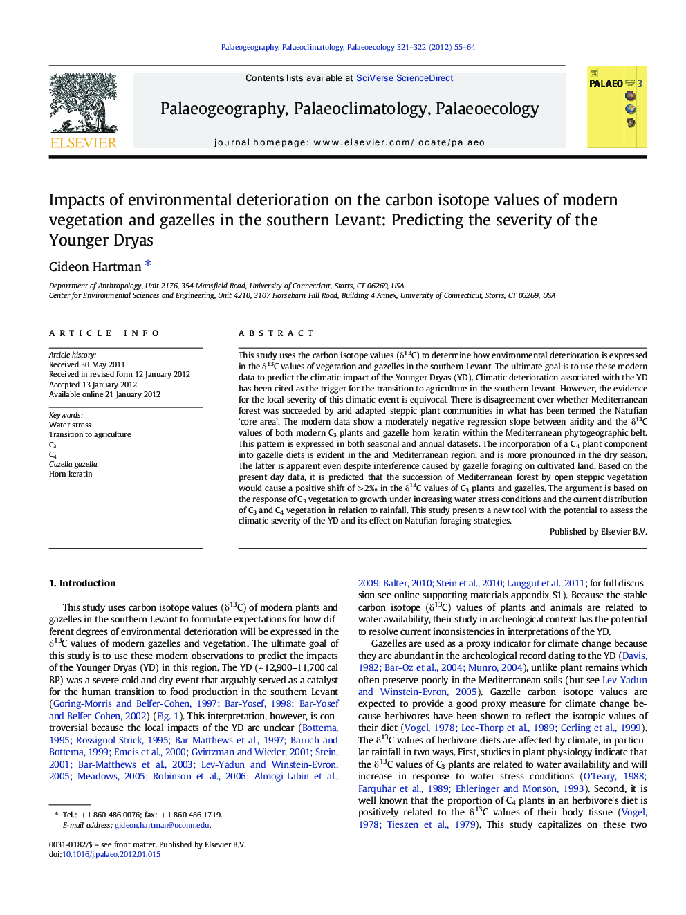 Impacts of environmental deterioration on the carbon isotope values of modern vegetation and gazelles in the southern Levant: Predicting the severity of the Younger Dryas