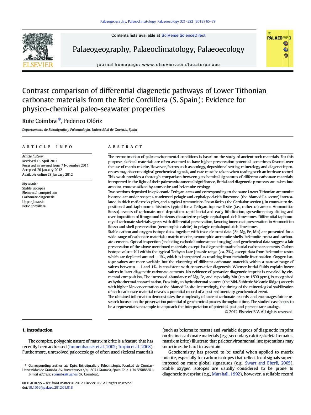Contrast comparison of differential diagenetic pathways of Lower Tithonian carbonate materials from the Betic Cordillera (S. Spain): Evidence for physico-chemical paleo-seawater properties