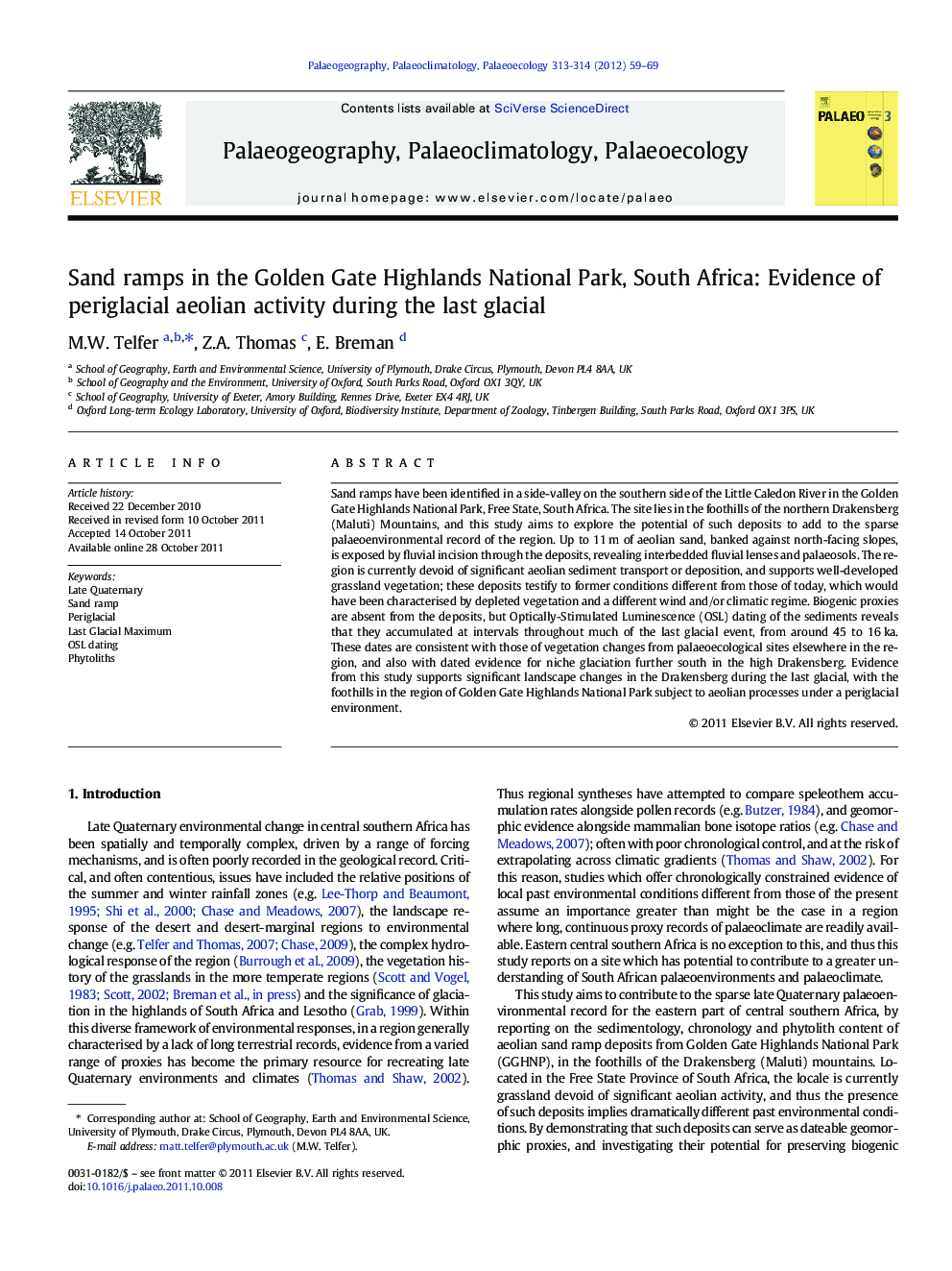 Sand ramps in the Golden Gate Highlands National Park, South Africa: Evidence of periglacial aeolian activity during the last glacial