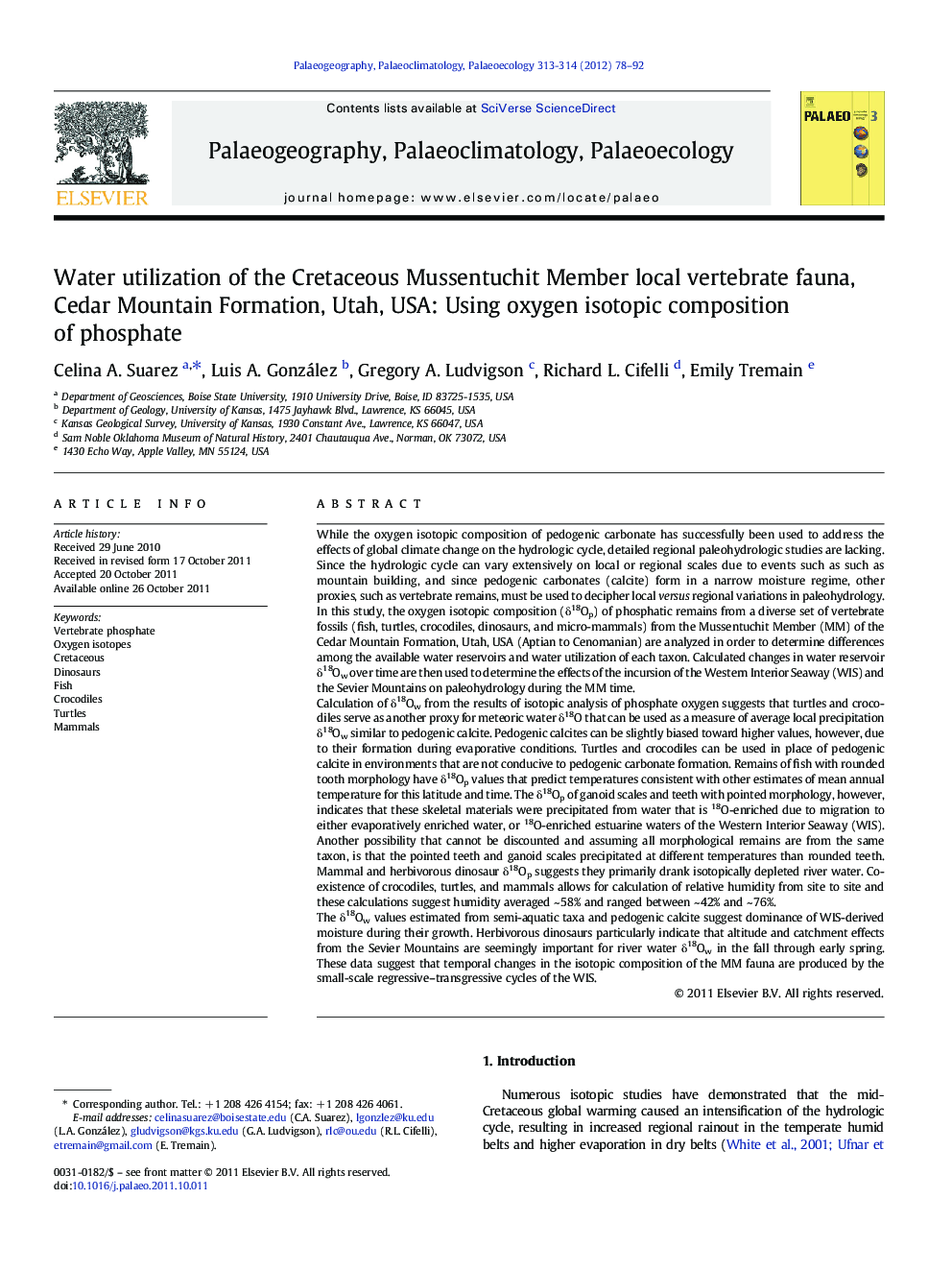 Water utilization of the Cretaceous Mussentuchit Member local vertebrate fauna, Cedar Mountain Formation, Utah, USA: Using oxygen isotopic composition of phosphate