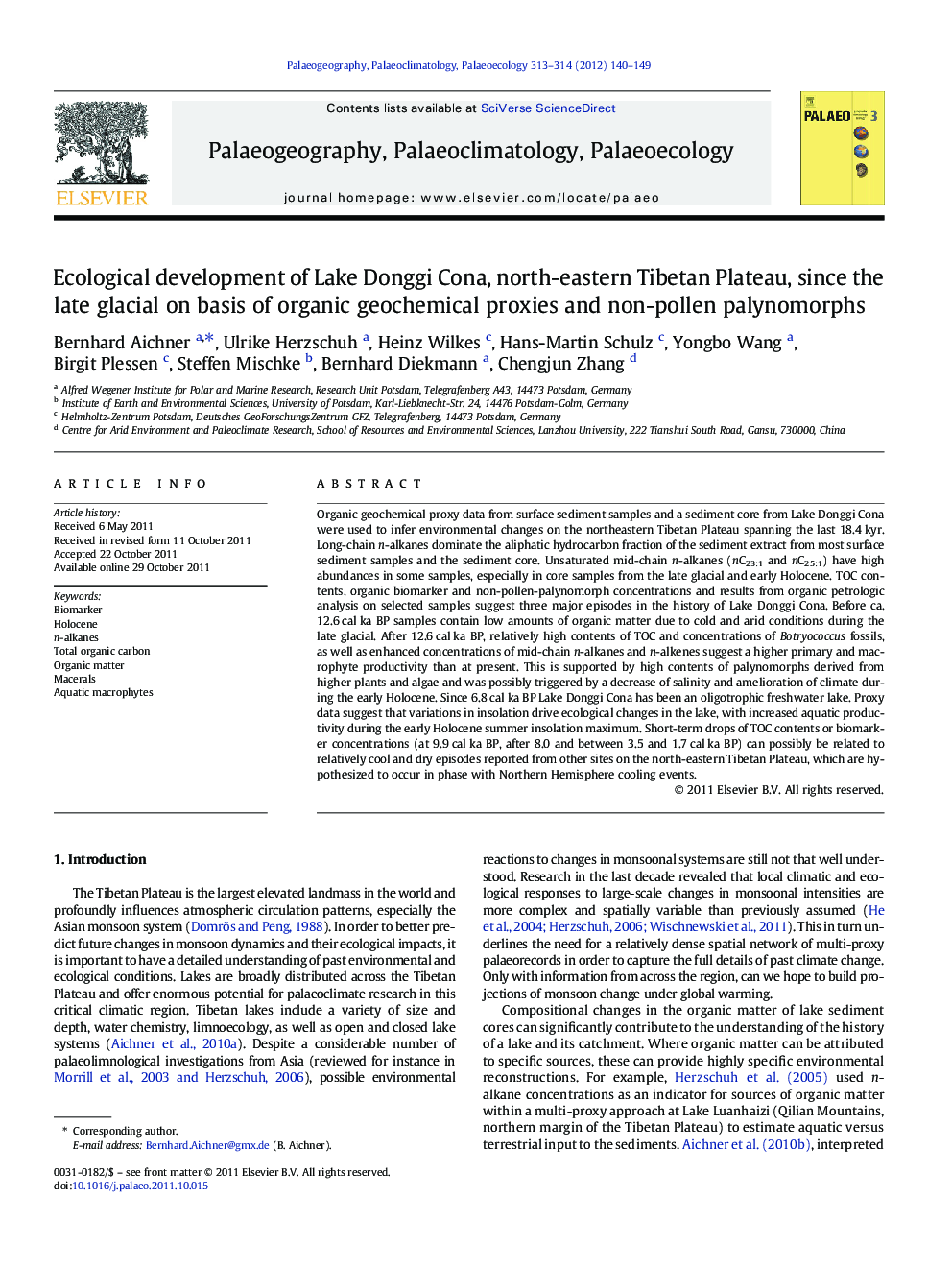 Ecological development of Lake Donggi Cona, north-eastern Tibetan Plateau, since the late glacial on basis of organic geochemical proxies and non-pollen palynomorphs