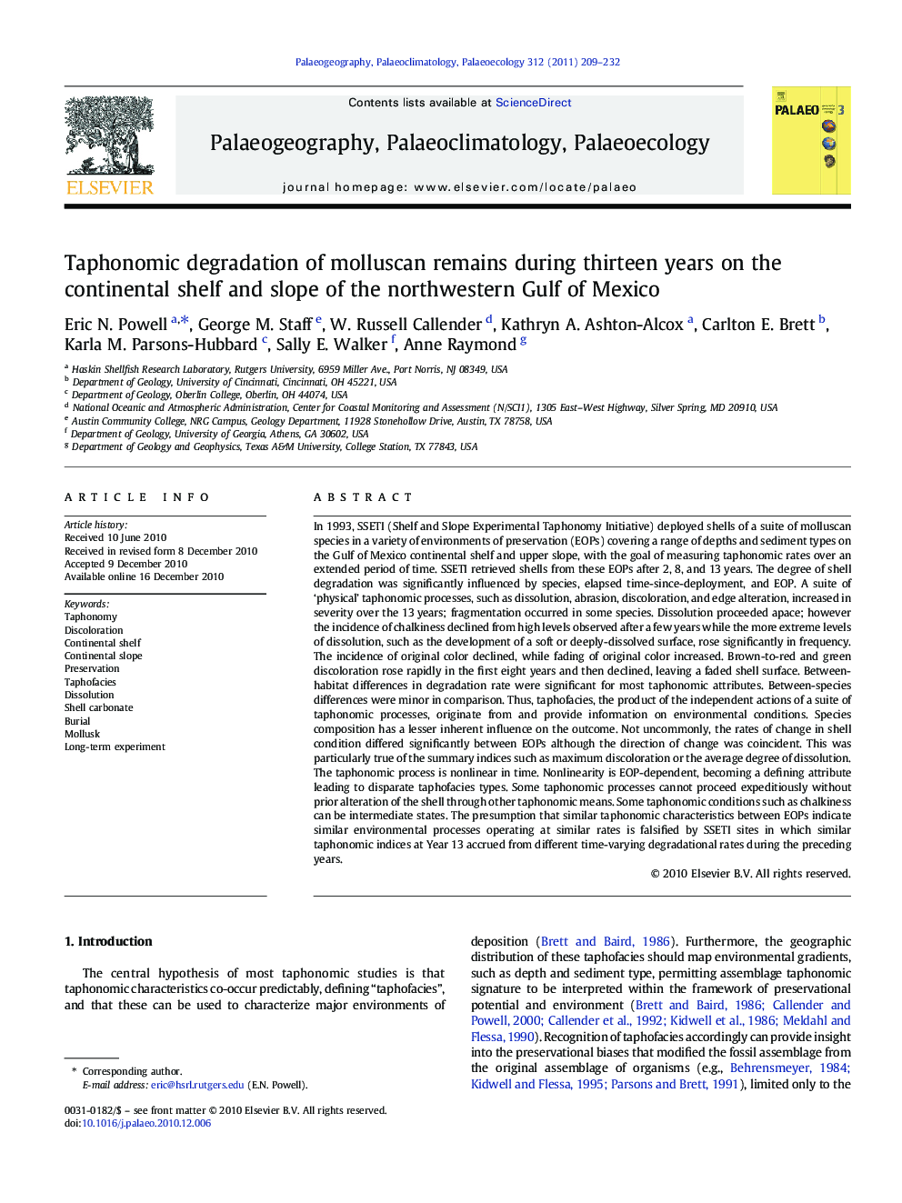 Taphonomic degradation of molluscan remains during thirteen years on the continental shelf and slope of the northwestern Gulf of Mexico