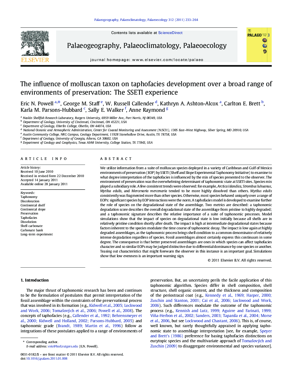 The influence of molluscan taxon on taphofacies development over a broad range of environments of preservation: The SSETI experience