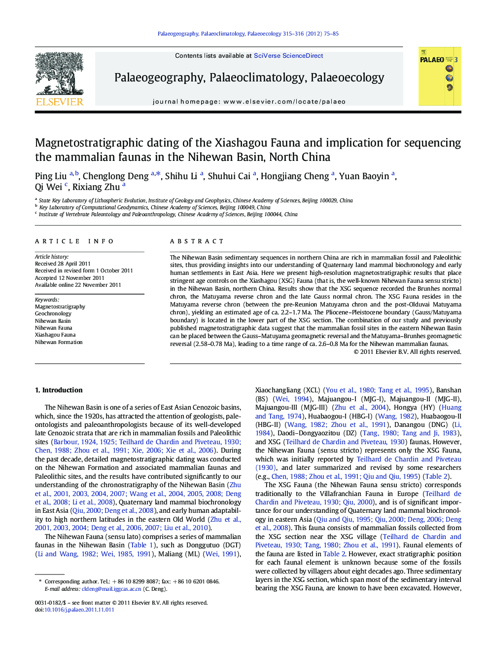 Magnetostratigraphic dating of the Xiashagou Fauna and implication for sequencing the mammalian faunas in the Nihewan Basin, North China