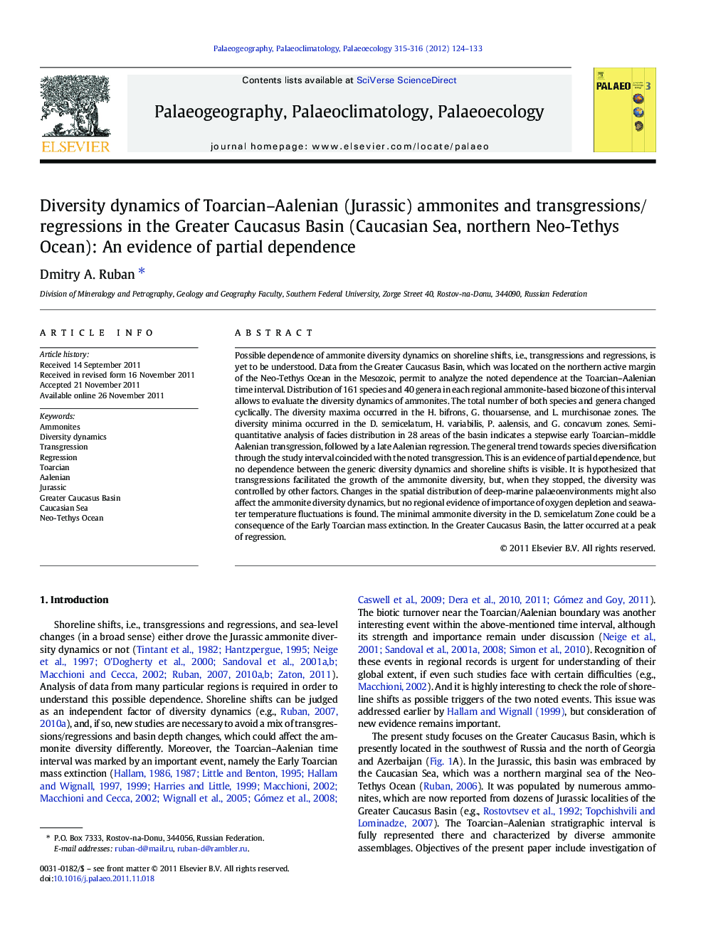 Diversity dynamics of Toarcian–Aalenian (Jurassic) ammonites and transgressions/regressions in the Greater Caucasus Basin (Caucasian Sea, northern Neo-Tethys Ocean): An evidence of partial dependence