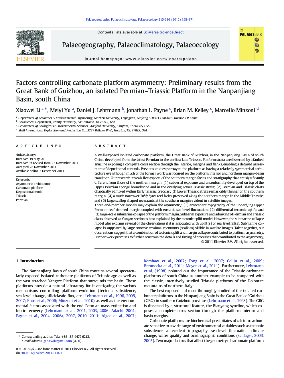 Factors controlling carbonate platform asymmetry: Preliminary results from the Great Bank of Guizhou, an isolated Permian–Triassic Platform in the Nanpanjiang Basin, south China