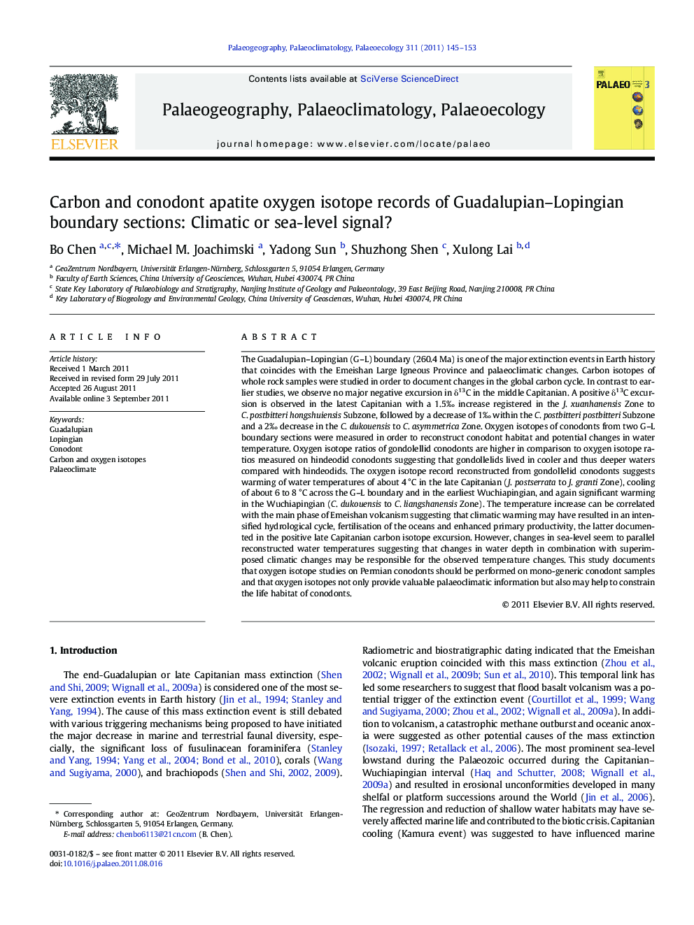 Carbon and conodont apatite oxygen isotope records of Guadalupian–Lopingian boundary sections: Climatic or sea-level signal?