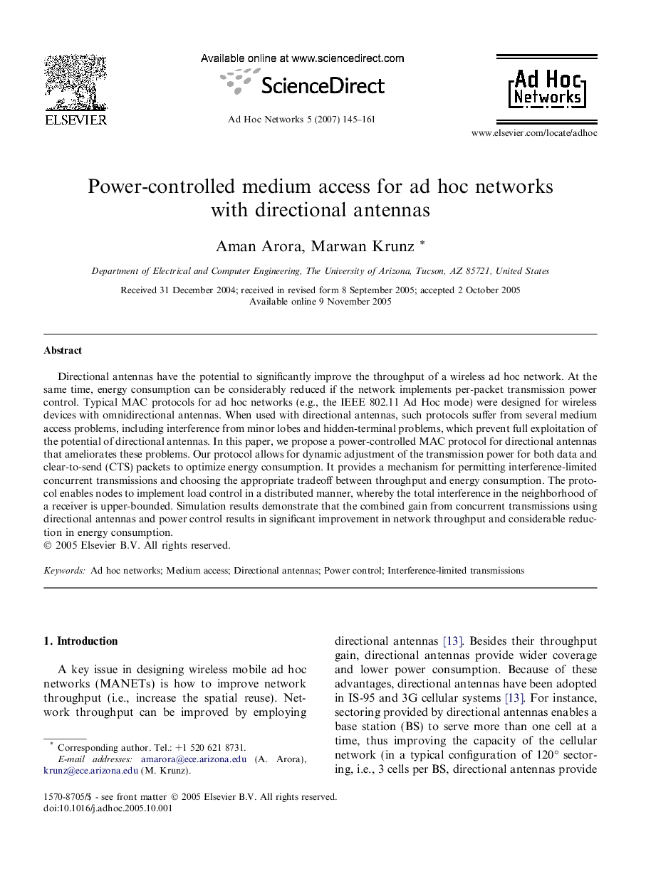 Power-controlled medium access for ad hoc networks with directional antennas