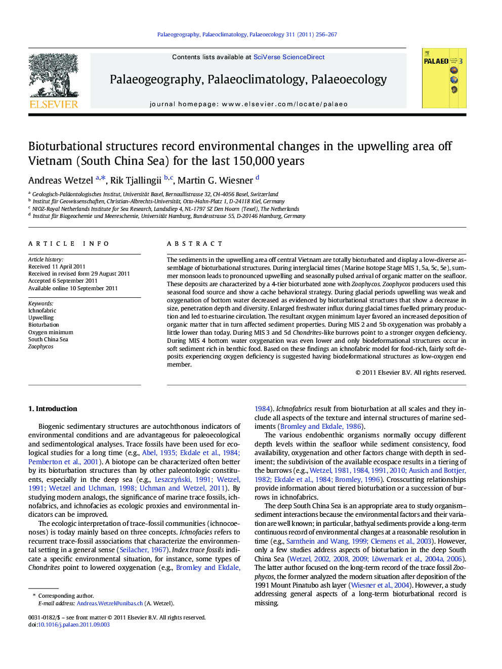 Bioturbational structures record environmental changes in the upwelling area off Vietnam (South China Sea) for the last 150,000 years