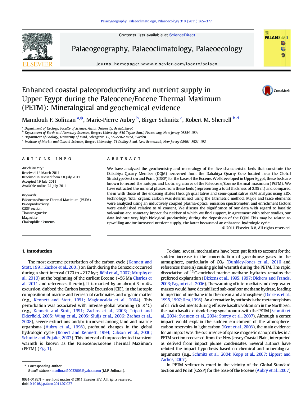 Enhanced coastal paleoproductivity and nutrient supply in Upper Egypt during the Paleocene/Eocene Thermal Maximum (PETM): Mineralogical and geochemical evidence