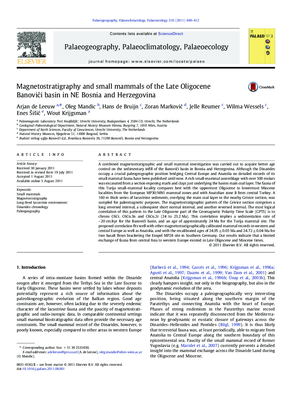 Magnetostratigraphy and small mammals of the Late Oligocene Banovići basin in NE Bosnia and Herzegovina