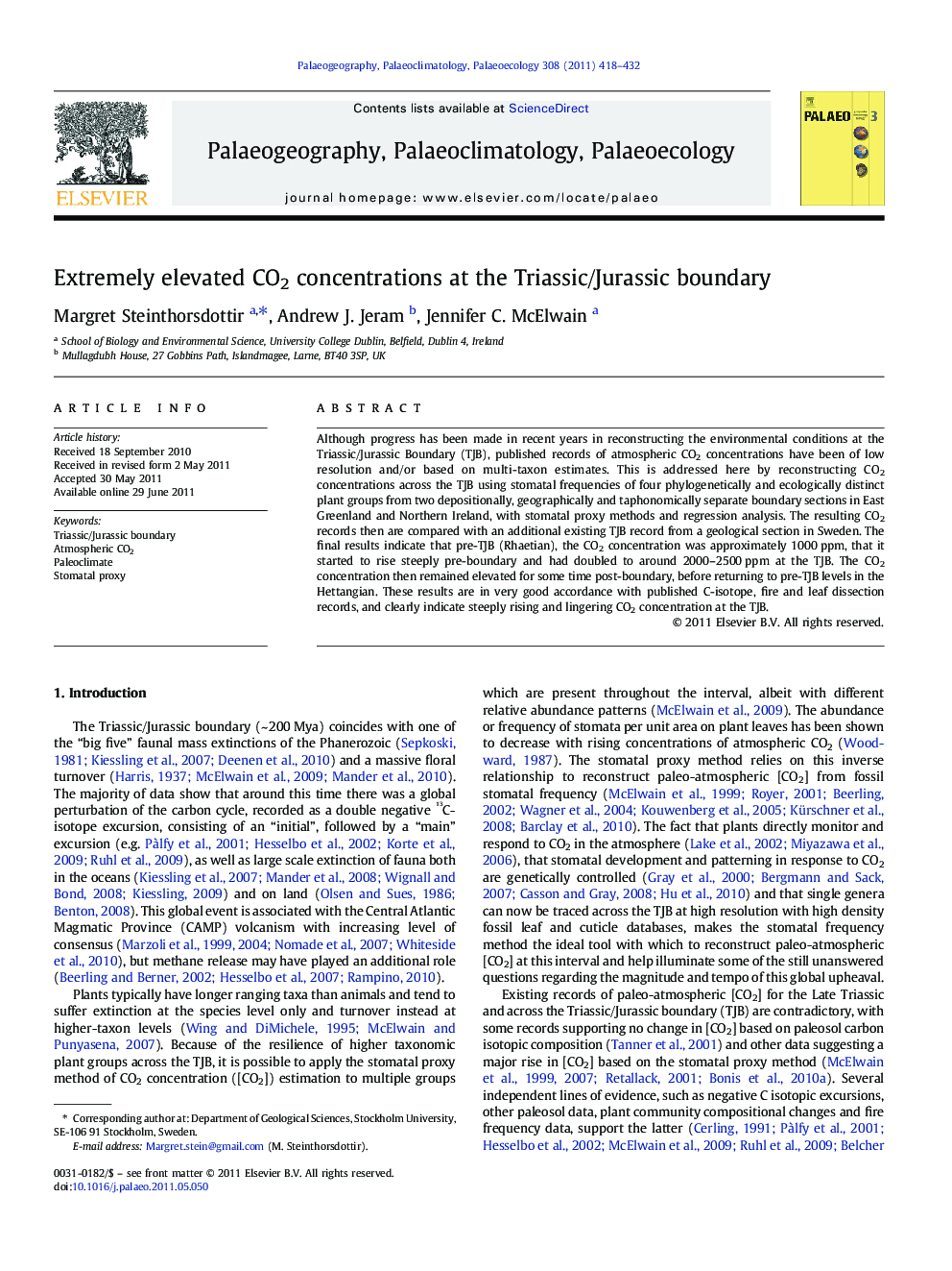 Extremely elevated CO2 concentrations at the Triassic/Jurassic boundary