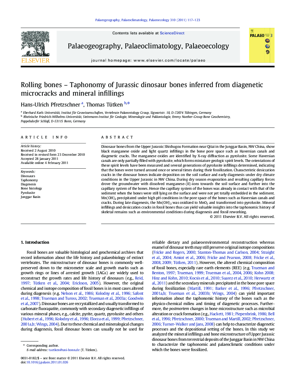 Rolling bones – Taphonomy of Jurassic dinosaur bones inferred from diagenetic microcracks and mineral infillings