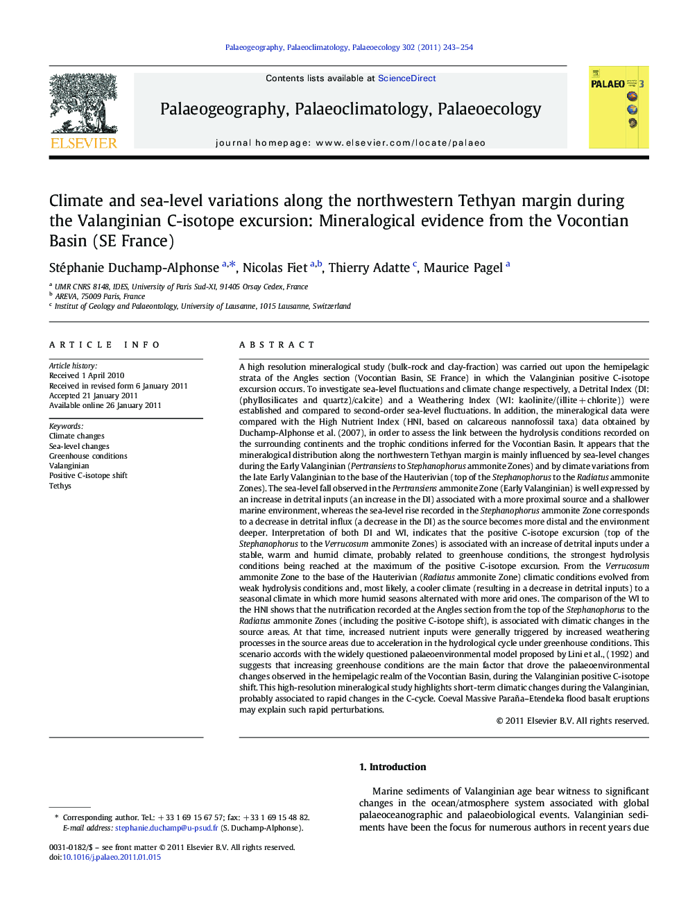 Climate and sea-level variations along the northwestern Tethyan margin during the Valanginian C-isotope excursion: Mineralogical evidence from the Vocontian Basin (SE France)