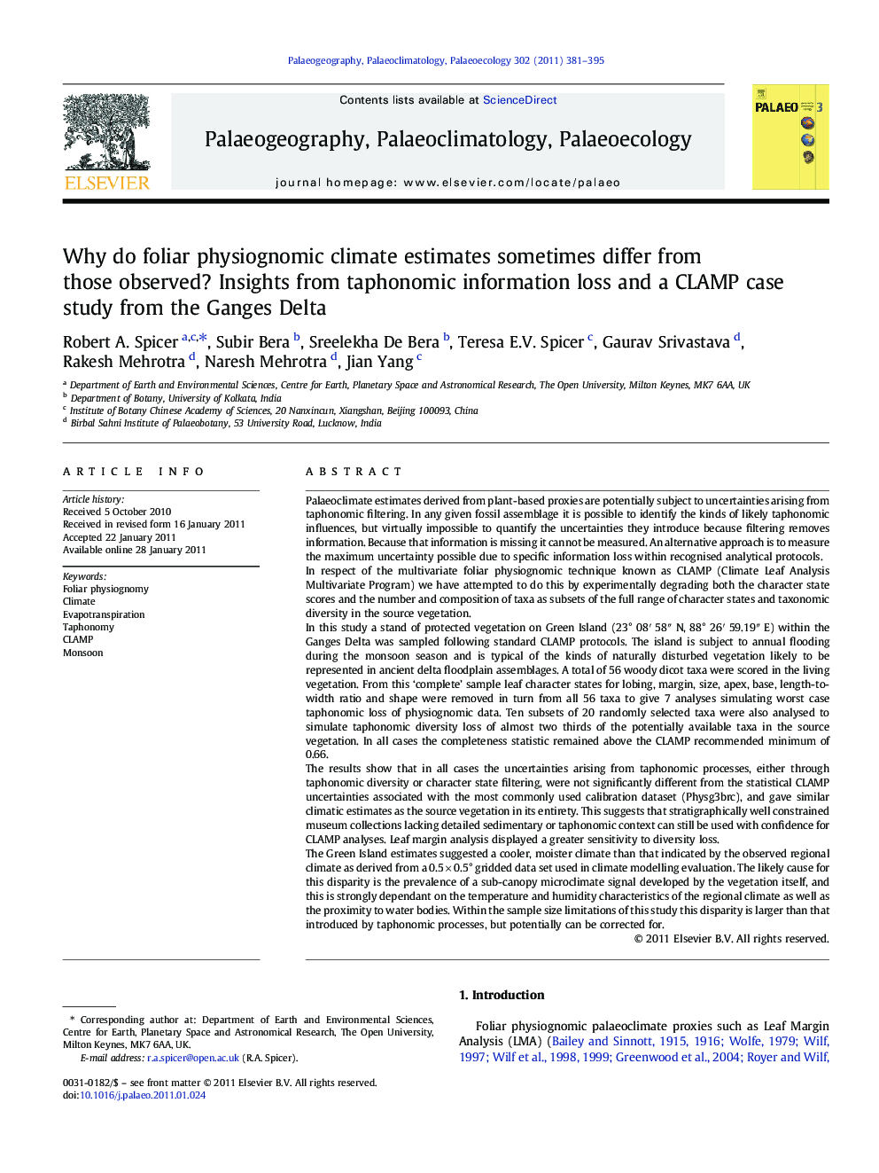 Why do foliar physiognomic climate estimates sometimes differ from those observed? Insights from taphonomic information loss and a CLAMP case study from the Ganges Delta