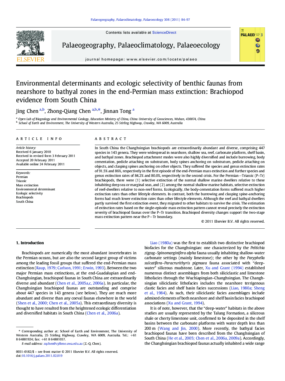 Environmental determinants and ecologic selectivity of benthic faunas from nearshore to bathyal zones in the end-Permian mass extinction: Brachiopod evidence from South China