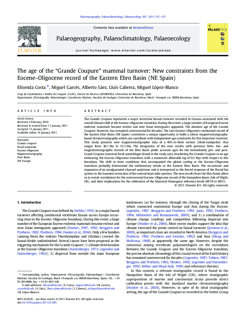 The age of the “Grande Coupure” mammal turnover: New constraints from the Eocene–Oligocene record of the Eastern Ebro Basin (NE Spain)