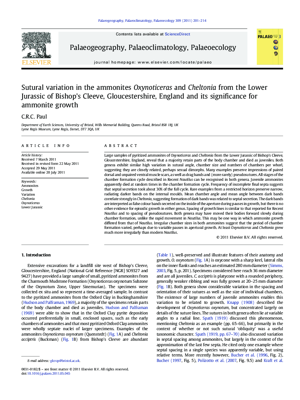 Sutural variation in the ammonites Oxynoticeras and Cheltonia from the Lower Jurassic of Bishop's Cleeve, Gloucestershire, England and its significance for ammonite growth