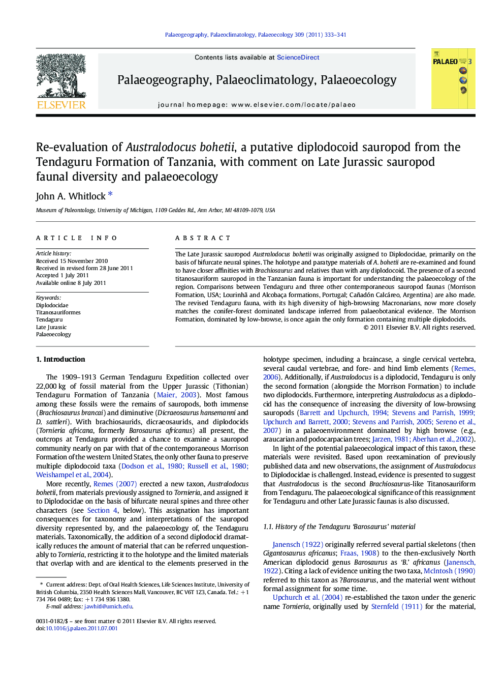 Re-evaluation of Australodocus bohetii, a putative diplodocoid sauropod from the Tendaguru Formation of Tanzania, with comment on Late Jurassic sauropod faunal diversity and palaeoecology