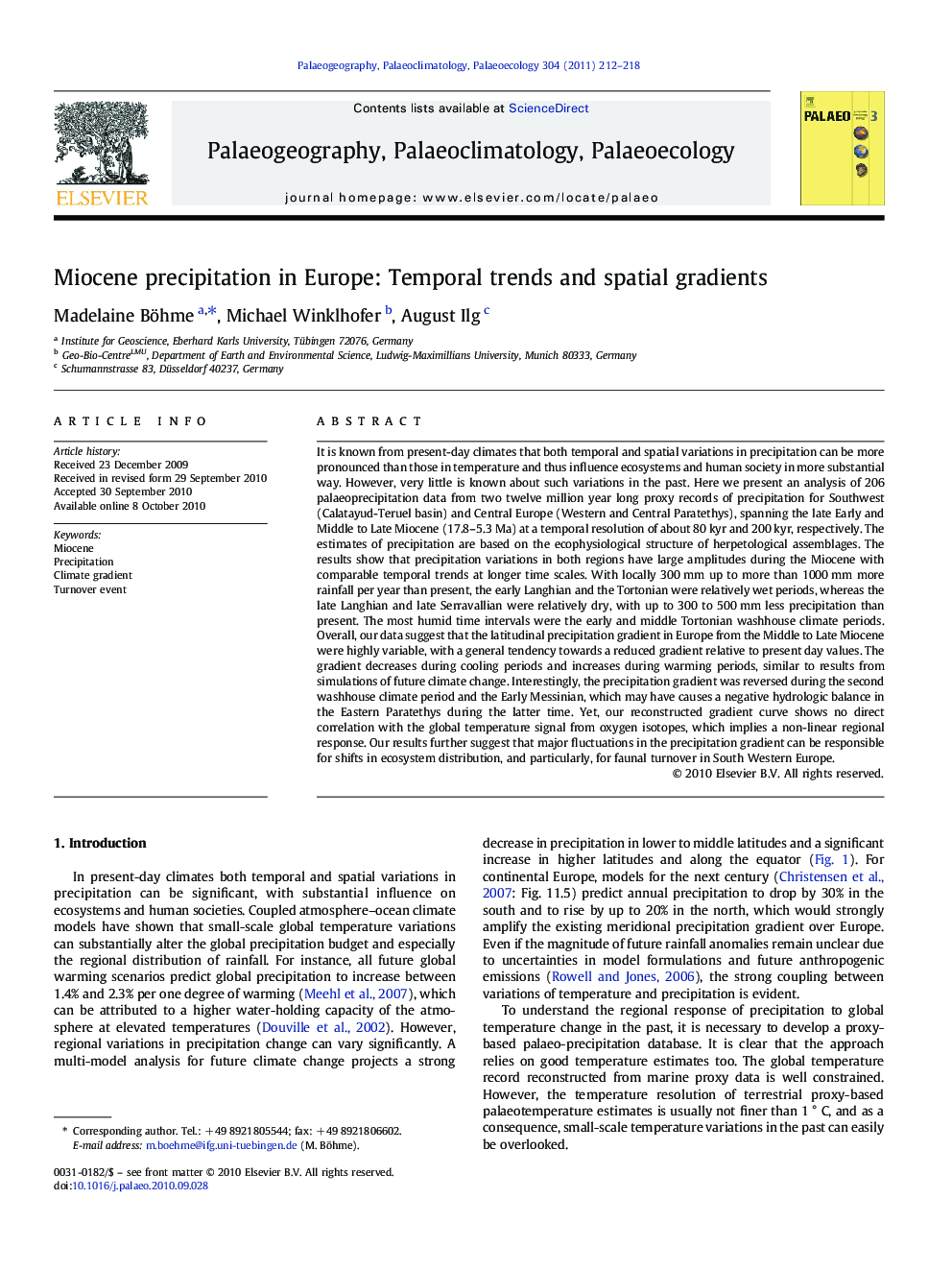 Miocene precipitation in Europe: Temporal trends and spatial gradients