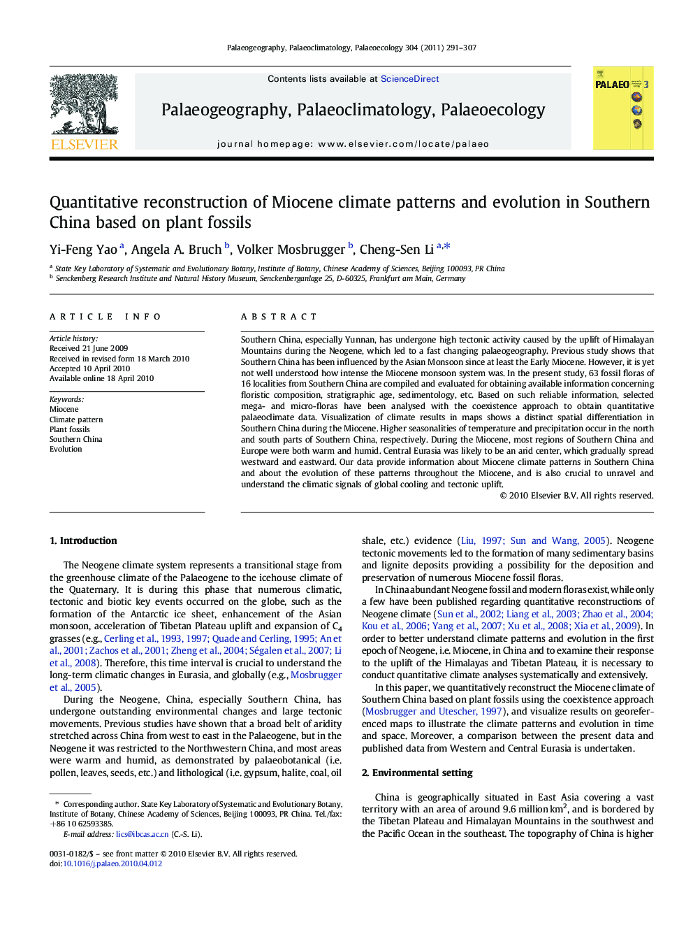 Quantitative reconstruction of Miocene climate patterns and evolution in Southern China based on plant fossils