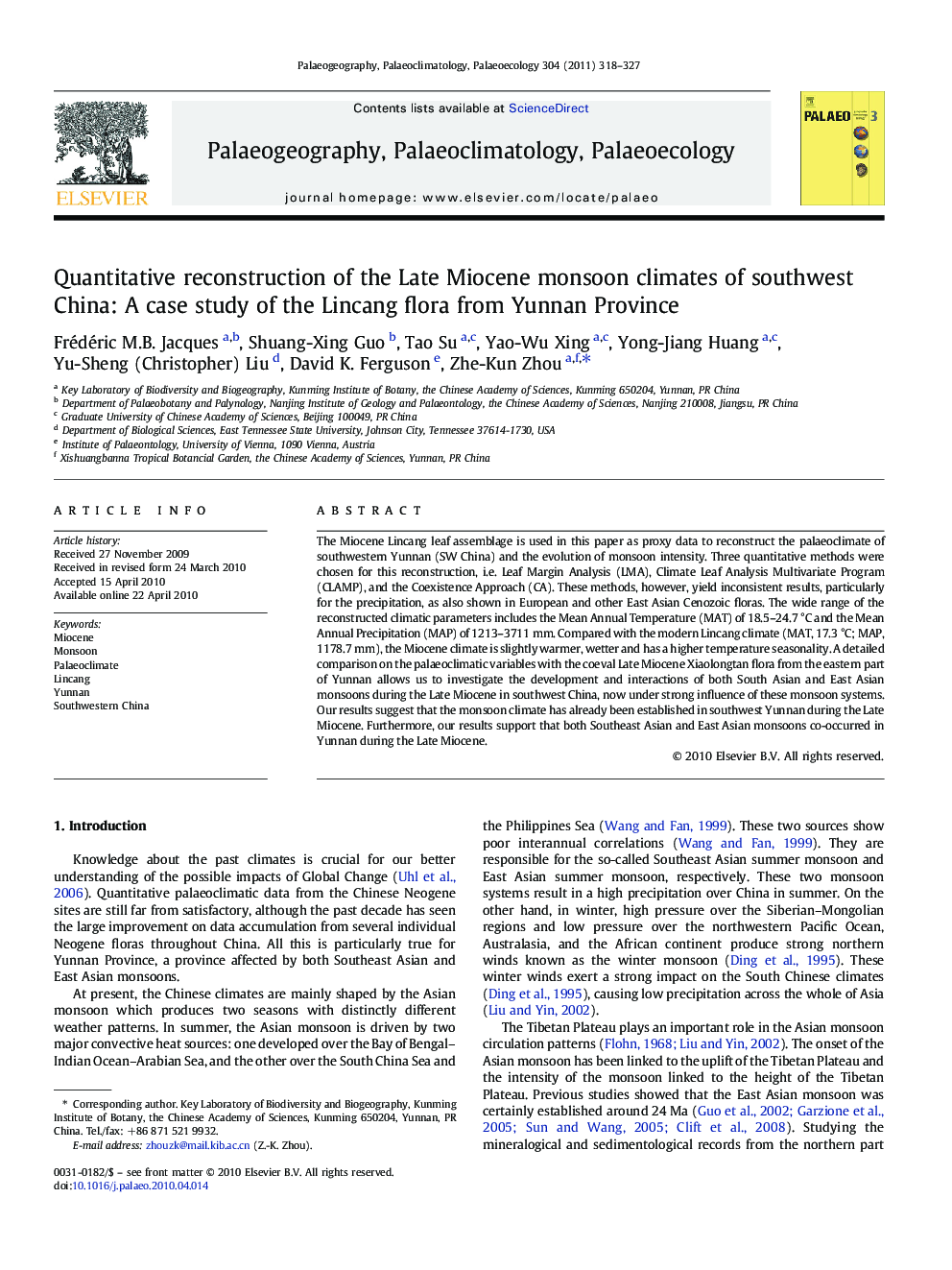 Quantitative reconstruction of the Late Miocene monsoon climates of southwest China: A case study of the Lincang flora from Yunnan Province